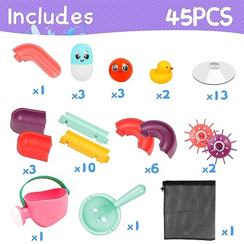 Bath Toys 45Pcs Bath Track Game Shower Toys Water Slide with Suction Cups Water Toys Bath Time DIY Educational Bath Slide Toy for 3 4 5 6 Year Olds Boys Girls Toddlers Kids