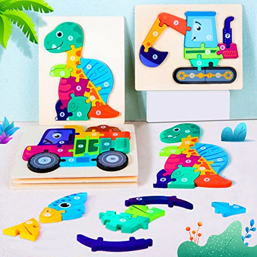 Wooden Puzzles Toys for 2 3 4 Year Olds Kids Dinosaur Jigsaw Animals Number Shape Puzzle Gifts for Children Toddler Boy Girls Learning Educational Toys(4 Pack)