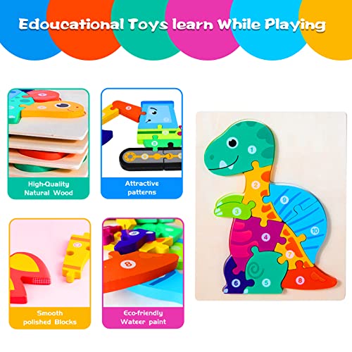 Wooden Puzzles Toys for 2 3 4 Year Olds Kids Dinosaur Jigsaw Animals Number Shape Puzzle Gifts for Children Toddler Boy Girls Learning Educational Toys(4 Pack)