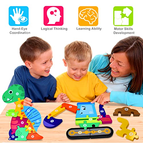 Wooden Puzzles Toys for 2 3 4 Year Olds Kids Dinosaur Jigsaw Animals Number Shape Puzzle Gifts for Children Toddler Boy Girls Learning Educational Toys(4 Pack)