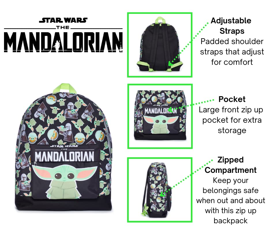 Star Wars The Mandalorian Baby Yoda Childrens Backpack Black Green