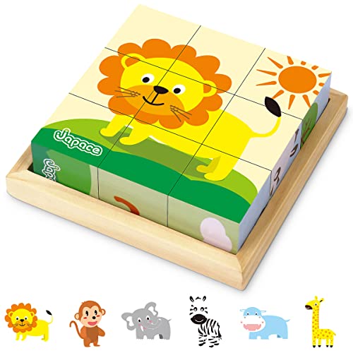 Japace Wooden Jigsaw Puzzles for Toddlers, 6 In 1 Animal Puzzle 3D Wooden Cube Block Toys Montessori Educational Games for Kids 1 2 3 4 Years Old Birthday for Boys and Girls (Small)