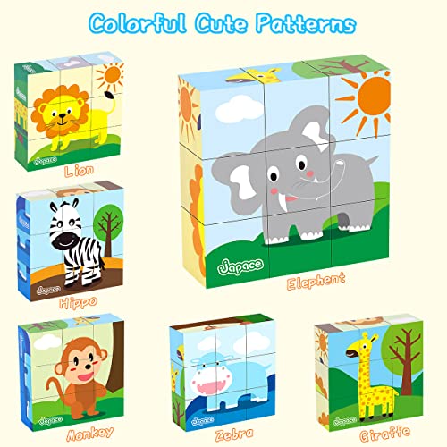 Japace Wooden Jigsaw Puzzles for Toddlers, 6 In 1 Animal Puzzle 3D Wooden Cube Block Toys Montessori Educational Games for Kids 1 2 3 4 Years Old Birthday for Boys and Girls (Small)