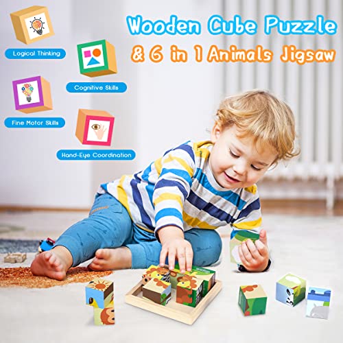 Japace Wooden Jigsaw Puzzles for Toddlers, 6 In 1 Animal Puzzle 3D Wooden Cube Block Toys Montessori Educational Games for Kids 1 2 3 4 Years Old Birthday for Boys and Girls (Small)