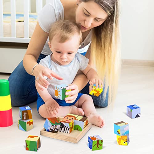 Japace Wooden Jigsaw Puzzles for Toddlers, 6 In 1 Animal Puzzle 3D Wooden Cube Block Toys Montessori Educational Games for Kids 1 2 3 4 Years Old Birthday for Boys and Girls (Small)
