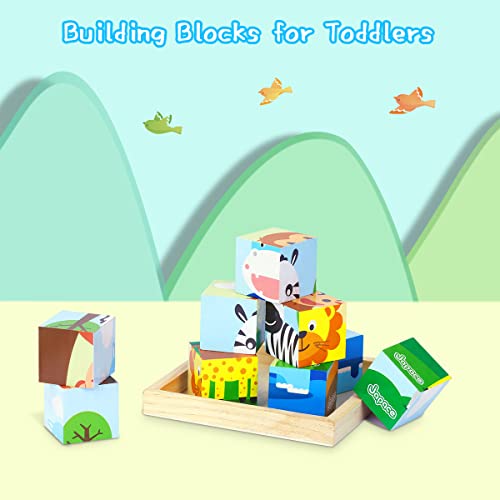 Japace Wooden Jigsaw Puzzles for Toddlers, 6 In 1 Animal Puzzle 3D Wooden Cube Block Toys Montessori Educational Games for Kids 1 2 3 4 Years Old Birthday for Boys and Girls (Small)