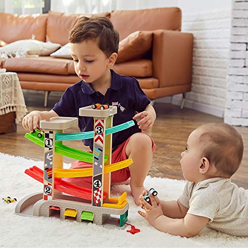 TOP BRIGHT Car Ramp Toy for 2 3 Year Old Boy Gifts Birthday Presents, Toddler Race Track Toy for 18 Month Olds with 4 Wooden Cars and 3 Car Garage