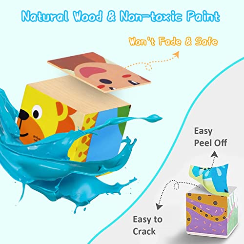 Japace Wooden Jigsaw Puzzles for Toddlers, 6 In 1 Animal Puzzle 3D Wooden Cube Block Toys Montessori Educational Games for Kids 1 2 3 4 Years Old Birthday for Boys and Girls (Small)