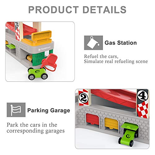 TOP BRIGHT Car Ramp Toy for 2 3 Year Old Boy Gifts Birthday Presents, Toddler Race Track Toy for 18 Month Olds with 4 Wooden Cars and 3 Car Garage