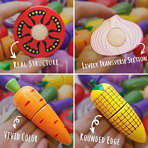 Airlab Wooden Play Food for Kids Kitchen Toys for Toddlers Cutting Pretend Toy Food Wooden Fruits Vegetables Gift for Boys Girls Educational Toys
