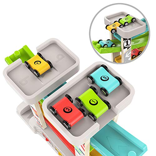 TOP BRIGHT Car Ramp Toy for 2 3 Year Old Boy Gifts Birthday Presents, Toddler Race Track Toy for 18 Month Olds with 4 Wooden Cars and 3 Car Garage