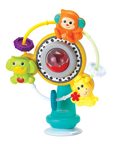 Infantino Jungle Ferris Wheel - Spinning High Chair Toy with Three Jungle Animals and Music and Practical Suction Cup, Multi-Colour