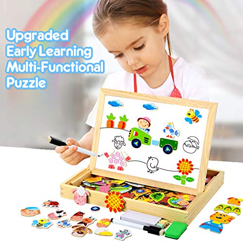 Wooden Magnetic Board Puzzle Games, 100+ PCS Double Sided Jigsaw Farm Pattern Drawing Easel Blackboard Educational Wood Toys for Boys Girls Kids Toddler Over 3 Year Olds