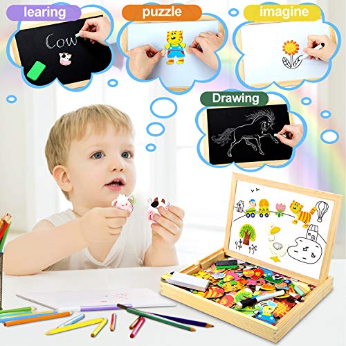 Wooden Magnetic Board Puzzle Games, 100+ PCS Double Sided Jigsaw Farm Pattern Drawing Easel Blackboard Educational Wood Toys for Boys Girls Kids Toddler Over 3 Year Olds