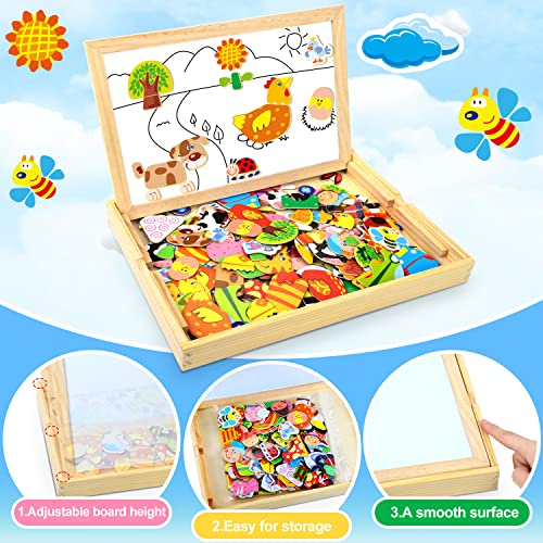 Wooden Magnetic Board Puzzle Games, 100+ PCS Double Sided Jigsaw Farm Pattern Drawing Easel Blackboard Educational Wood Toys for Boys Girls Kids Toddler Over 3 Year Olds
