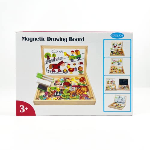 Wooden Magnetic Board Puzzle Games, 100+ PCS Double Sided Jigsaw Farm Pattern Drawing Easel Blackboard Educational Wood Toys for Boys Girls Kids Toddler Over 3 Year Olds