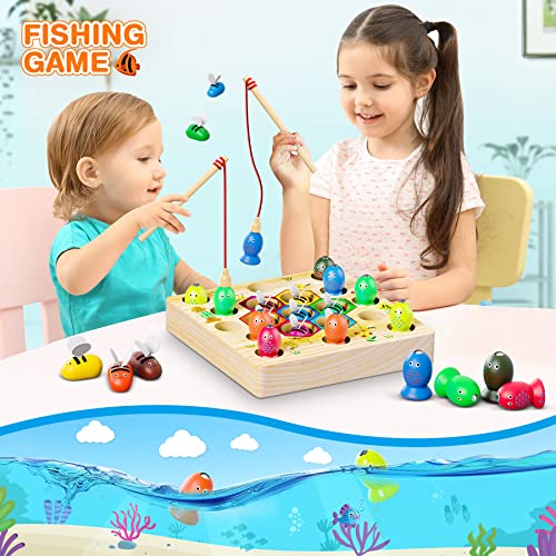 COOLJOYA Wooden Fishing Game Toys for 2 3 4 Year Old Boy Girl Gifts | Bee Magnetic Fishing Game Montessori Toys 2 In1 Wooden Kids Fishing Learning Educational Toys | Motor Skills Toddler Toys