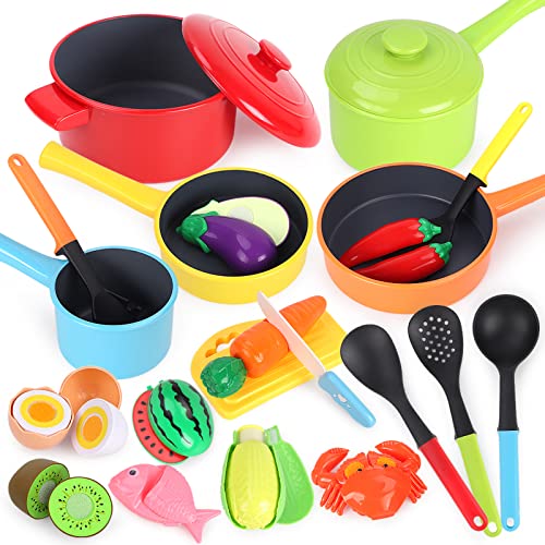 GILOBABY Kitchen Pretend Toy, Role Play Cutting Fruits Food Toy& Cookware Pots& Pans Set, Educational Gift Toy for Kid Girl Boy Toddler Age 3,4,5,6,7,8, Cooking Utensils Vegetables Toys for Children
