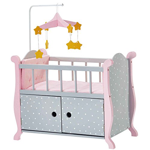 Olivia's Little World Pink Polka Dot Baby Doll Crib Wooden Doll Cot With Mobile Doll Furniture UK-TD-0206AG