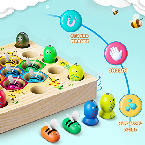COOLJOYA Wooden Fishing Game Toys for 2 3 4 Year Old Boy Girl Gifts | Bee Magnetic Fishing Game Montessori Toys 2 In1 Wooden Kids Fishing Learning Educational Toys | Motor Skills Toddler Toys