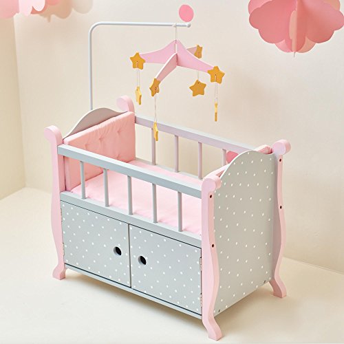 Olivia's Little World Pink Polka Dot Baby Doll Crib Wooden Doll Cot With Mobile Doll Furniture UK-TD-0206AG