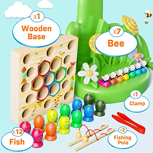 COOLJOYA Wooden Fishing Game Toys for 2 3 4 Year Old Boy Girl Gifts | Bee Magnetic Fishing Game Montessori Toys 2 In1 Wooden Kids Fishing Learning Educational Toys | Motor Skills Toddler Toys