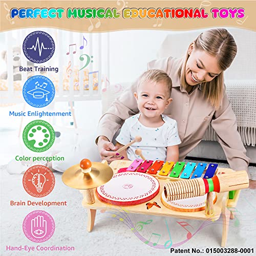 Sweet time Kids Drum Set, Baby Musical Instruments Toys for Toddlers, 7 in 1 Wooden Xylophone Toddler Drum Set Percussion Instruments Musical Toys Birthday Gifts for Children Boys and Girls