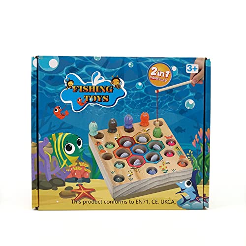 COOLJOYA Wooden Fishing Game Toys for 2 3 4 Year Old Boy Girl Gifts | Bee Magnetic Fishing Game Montessori Toys 2 In1 Wooden Kids Fishing Learning Educational Toys | Motor Skills Toddler Toys