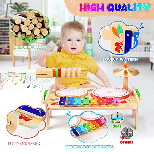 Sweet time Kids Drum Set, Baby Musical Instruments Toys for Toddlers, 7 in 1 Wooden Xylophone Toddler Drum Set Percussion Instruments Musical Toys Birthday Gifts for Children Boys and Girls