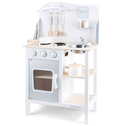 New Classic Toys 11053 Wooden Pretend Toy Kitchen for Kids Role Play Included Accessoires, White/Silver, White/Silver