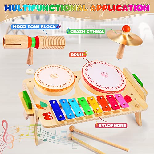 Sweet time Kids Drum Set, Baby Musical Instruments Toys for Toddlers, 7 in 1 Wooden Xylophone Toddler Drum Set Percussion Instruments Musical Toys Birthday Gifts for Children Boys and Girls