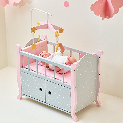 Olivia's Little World Pink Polka Dot Baby Doll Crib Wooden Doll Cot With Mobile Doll Furniture UK-TD-0206AG