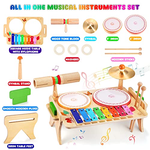 Sweet time Kids Drum Set, Baby Musical Instruments Toys for Toddlers, 7 in 1 Wooden Xylophone Toddler Drum Set Percussion Instruments Musical Toys Birthday Gifts for Children Boys and Girls