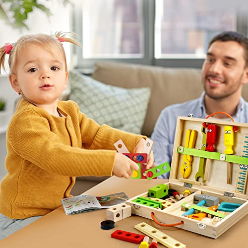 Wooden Toys Kids Tool Set-Wooden Kids Toys Tool Box Kit Construction Role Play Educational Toddler Toys for 2 3 4 5 Year Olds Girls Boys Gifts,Children Toys Woodworking Tools Pretend Play Tool Kits