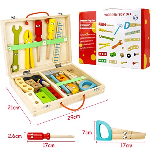 Wooden Toys Kids Tool Set-Wooden Kids Toys Tool Box Kit Construction Role Play Educational Toddler Toys for 2 3 4 5 Year Olds Girls Boys Gifts,Children Toys Woodworking Tools Pretend Play Tool Kits