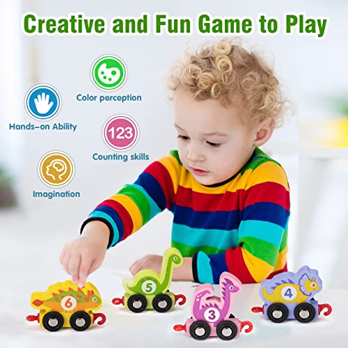 INSTOY Toddler Toys for 2 3 4 Year Olds Boys Gifts,Wooden Dinosaur Train Set for Boys Toys Age 2 3 4 Montessori Car Toys for Kids Age 3-6,Learning Educational Toys for 2 3 4 5 Year Olds Girls Gifts