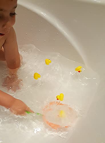 D.A.Y. Republic 5 Mini Yellow Rubber Ducks with Fishing Net, Baby Toddler Bath Toy, Great for Paddling Pool Games and Bathtub Play (One Pack)