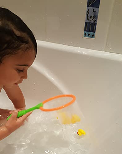 D.A.Y. Republic 5 Mini Yellow Rubber Ducks with Fishing Net, Baby Toddler Bath Toy, Great for Paddling Pool Games and Bathtub Play (One Pack)