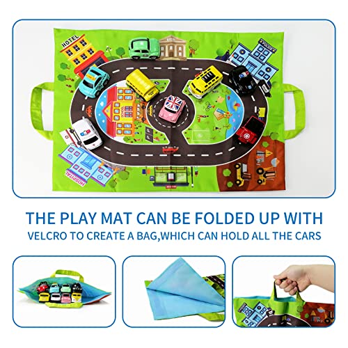 HONGTUO Toddler Car Toys and Playmat Storage Bag(8 Sets) City vehicle Toys Birthday Gifts for Toddler Toys Age 3+ Birthday Gifts for Infant Toddlers