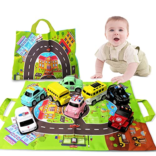 HONGTUO Toddler Car Toys and Playmat Storage Bag(8 Sets) City vehicle Toys Birthday Gifts for Toddler Toys Age 3+ Birthday Gifts for Infant Toddlers