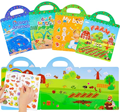 FancyWhoop Reusable Sticker Books Toys for Kids - 4 Pack Stickers Books for 2 3 4 Year Old Boys Girls Toddlers, Body Ocean Animal Insect Farm Sticker Book Educational Learning Toy Birthday Gifts