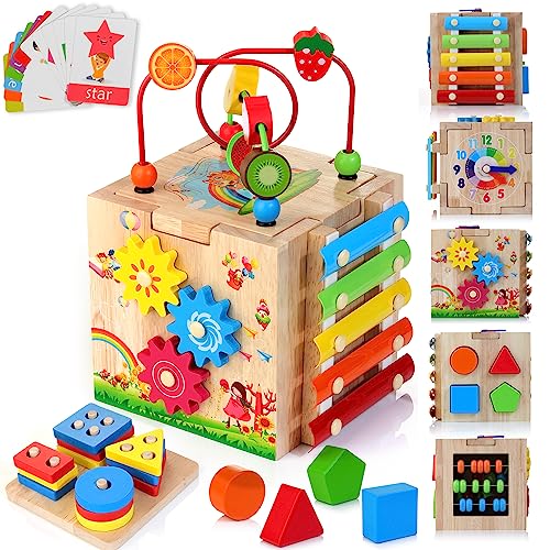 HELLOWOOD Wooden Activity Cube Baby Toys, 8-in-1 Montessori Educational Toy Set, Bead Maze Shape Sorter Abacus Xylophone Words & Clock Learning, STEM Toys Gift for Boys Girls Toddlers Age 1 2 3