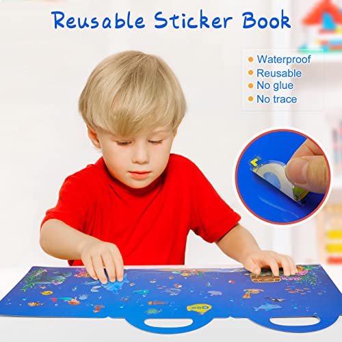 FancyWhoop Reusable Sticker Books Toys for Kids - 4 Pack Stickers Books for 2 3 4 Year Old Boys Girls Toddlers, Body Ocean Animal Insect Farm Sticker Book Educational Learning Toy Birthday Gifts