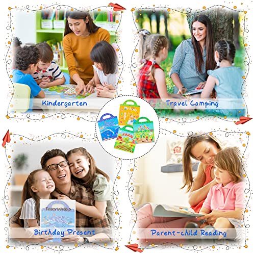 FancyWhoop Reusable Sticker Books Toys for Kids - 4 Pack Stickers Books for 2 3 4 Year Old Boys Girls Toddlers, Body Ocean Animal Insect Farm Sticker Book Educational Learning Toy Birthday Gifts