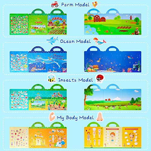 FancyWhoop Reusable Sticker Books Toys for Kids - 4 Pack Stickers Books for 2 3 4 Year Old Boys Girls Toddlers, Body Ocean Animal Insect Farm Sticker Book Educational Learning Toy Birthday Gifts