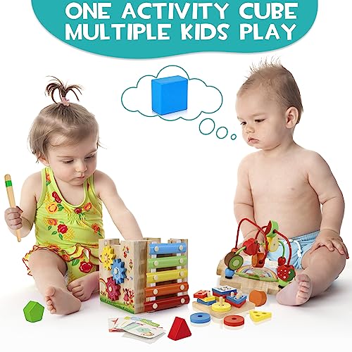 HELLOWOOD Wooden Activity Cube Baby Toys, 8-in-1 Montessori Educational Toy Set, Bead Maze Shape Sorter Abacus Xylophone Words & Clock Learning, STEM Toys Gift for Boys Girls Toddlers Age 1 2 3