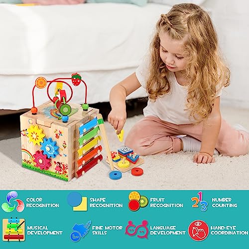 HELLOWOOD Wooden Activity Cube Baby Toys, 8-in-1 Montessori Educational Toy Set, Bead Maze Shape Sorter Abacus Xylophone Words & Clock Learning, STEM Toys Gift for Boys Girls Toddlers Age 1 2 3