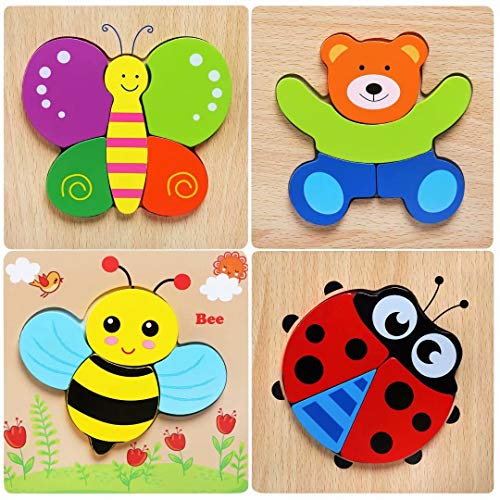 Afufu Wooden Jigsaw Puzzles for Toddlers 1 2 3 Years Old, Boys &Girls Educational Montessori Learning Toys Gift with 4 Animals Patterns, Bright Vibrant Color Shapes of Animal
