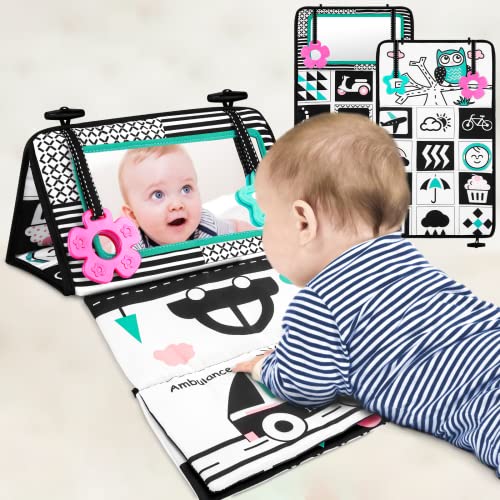 Sirecal Baby Tummy Time Mirror Flip Mirror for Baby Play Newborn Mirror Toy with Teether Black and White Sensory Toys Soft Cloth Book Developmental Gift for Infants Girls Boys 0-6 Months