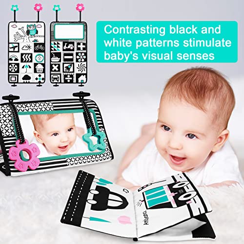 Sirecal Baby Tummy Time Mirror Flip Mirror for Baby Play Newborn Mirror Toy with Teether Black and White Sensory Toys Soft Cloth Book Developmental Gift for Infants Girls Boys 0-6 Months